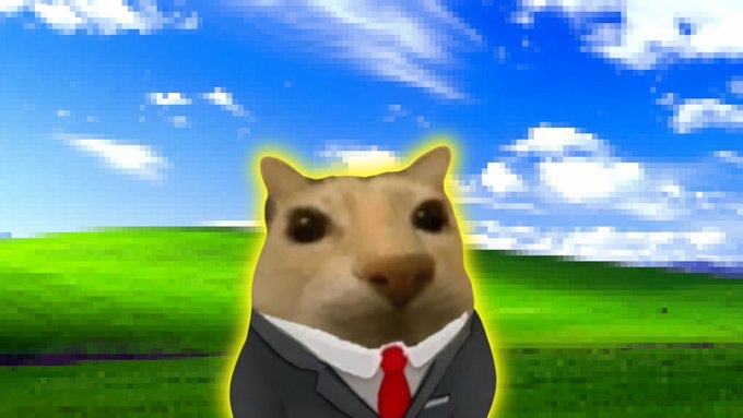 Business squirrel in a suit with a red tie glowing on the Windows XP Bliss wallpaper