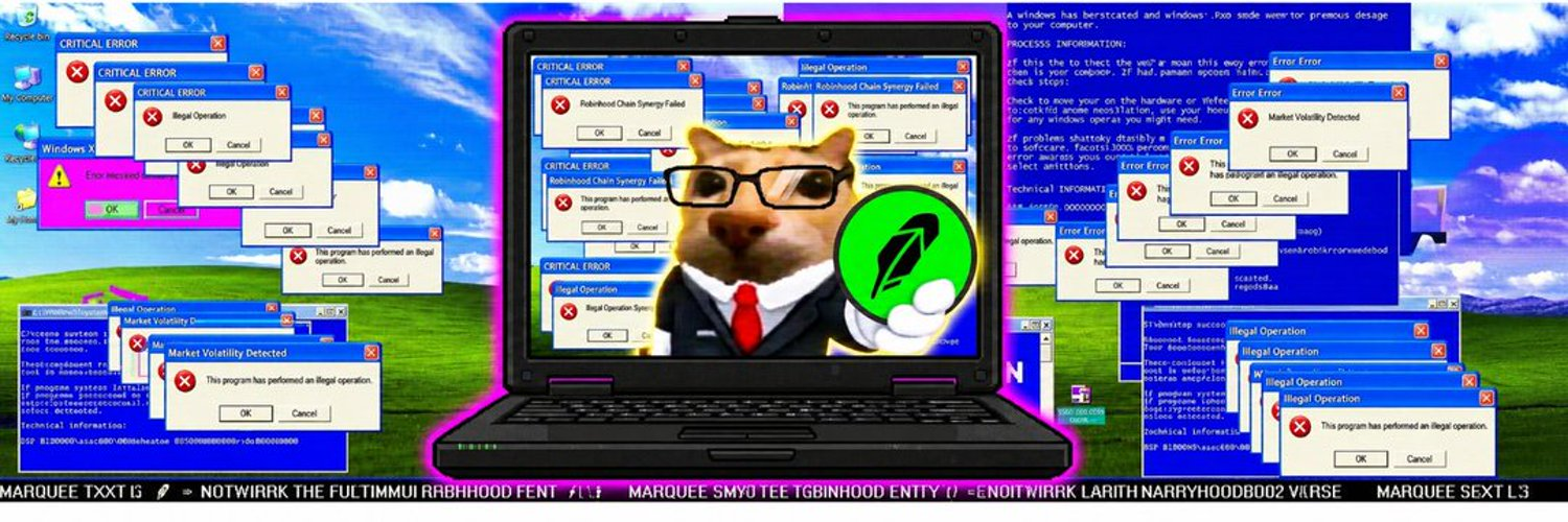 A laptop covered in dozens of fake Windows XP error pop-ups with a business cat