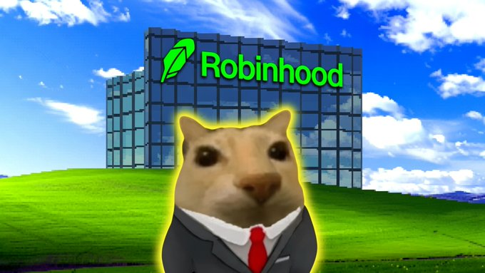 Business Cat standing in front of the Robinhood glass headquarters